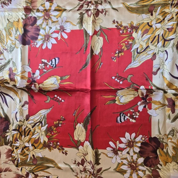 Vintage Silk Floral Square Scarf 35x35 Red Beige Botanical - Picture 6 of 15
